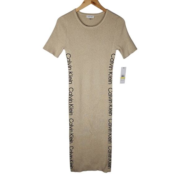 Calvin Klein logo dress size M new with tag beige gold thread stretch fabric - Picture 1 of 6